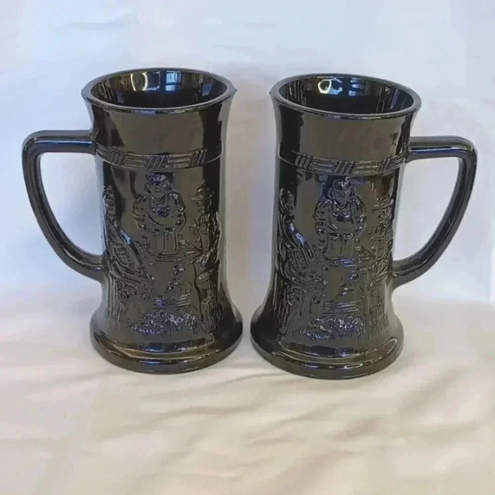 Vintage pair Tierra black milk glass by Indiana Glass Company beer stein mug